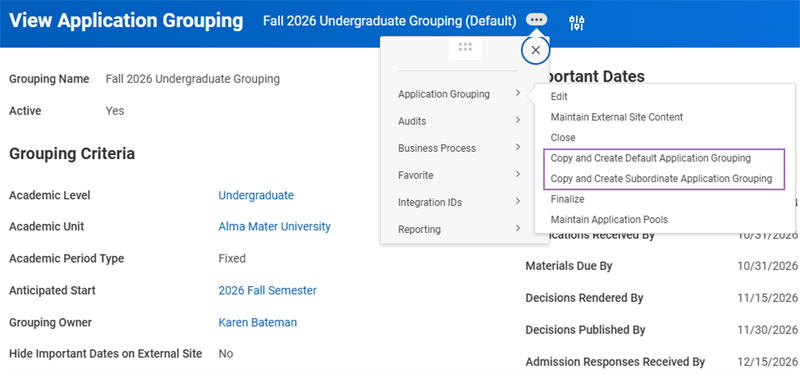 The View Application Grouping report with the copy actions highlighted.