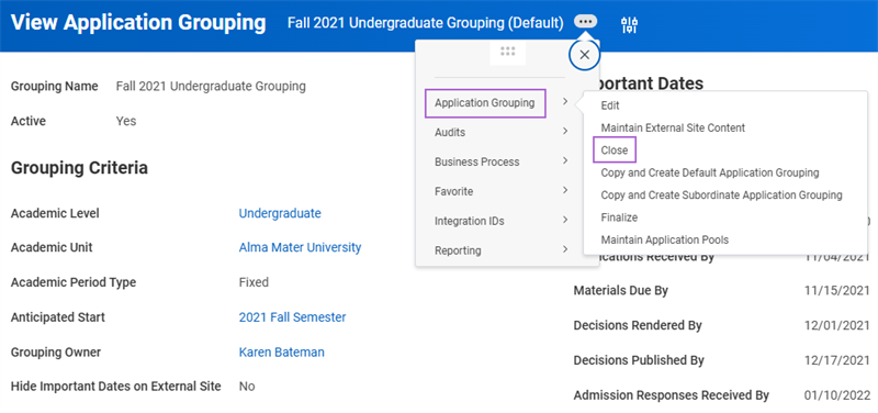Screenshot of an application grouping's Related Actions with the Close function highlighted.