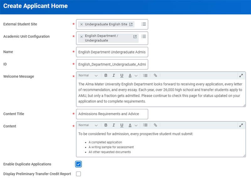 The Create Applicant Home task.