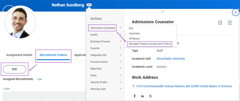 The two methods of accessing an admission counselor&acirc;&euro;&trade;s prospect assignment criteria as described in the preceding text.