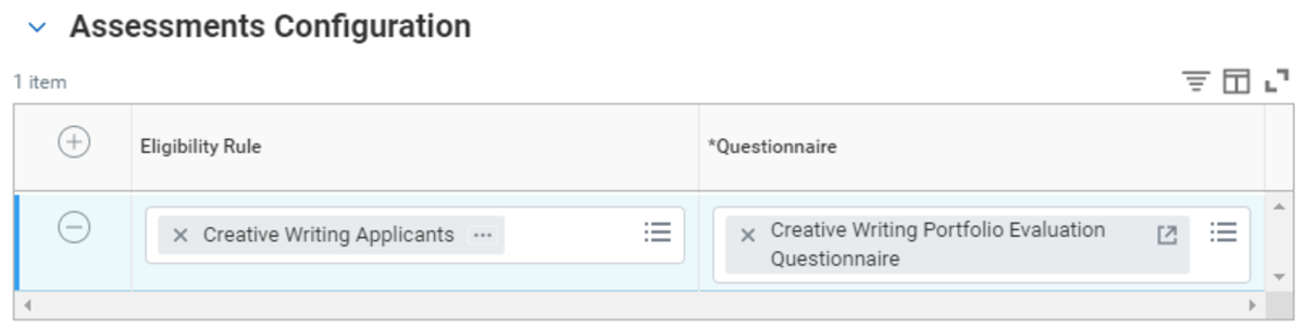 Screenshot of the Assessments Configuration section of the evaluation view.