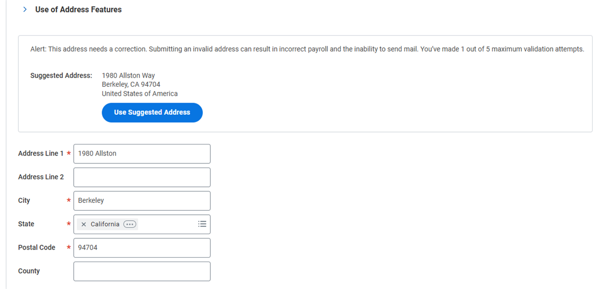 Use of Address Features with an alert stating to Use Suggested Address.