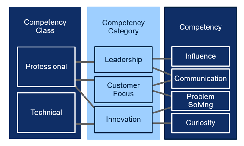 A conceptual block diagram mapping Competency Classes (Professional, Technical) to Competency Categories (Leadership, Customer Focus, Innovation), which then map to specific Competencies (Influence, Communication, Problem Solving, Curiosity).