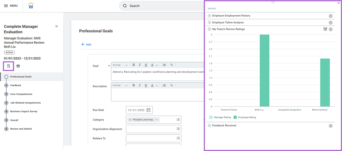Embedded analytics in the Complete Manager Evaluation for Performance Review business process.