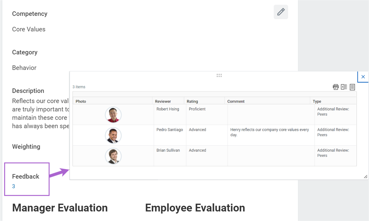 The Feedback number drill-in result showing three reviewers, their ratings, comments, and type.