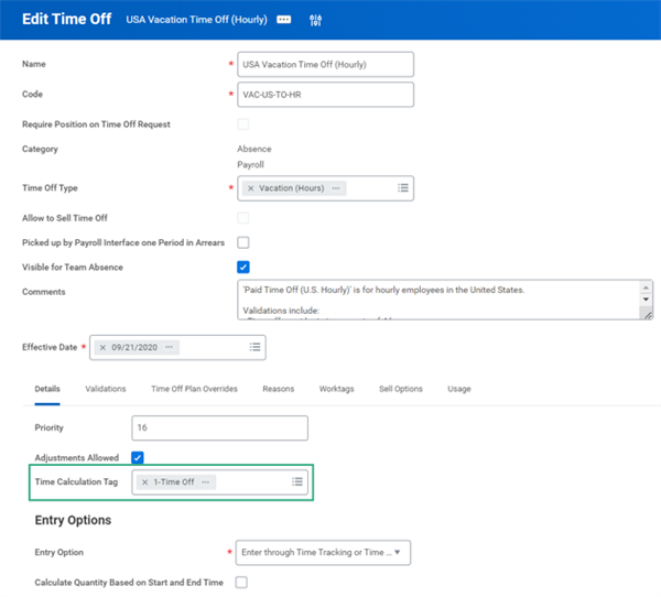 A screenshot of the Edit Time Off task. At the bottom of the screen, the Details tab is selected. On this tab, the Time Calculation Tag field is highlighted.