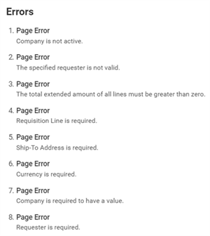 Screenshot of the Errors dialog box on a PMD page. It lists all the errors occurring, such as "Page Error: Company is not active," or "Page Error: The specified requester is not valid."