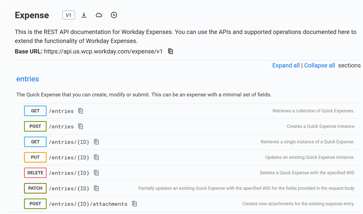 Available API methods for the Expense Entries category as described in the preceding text.