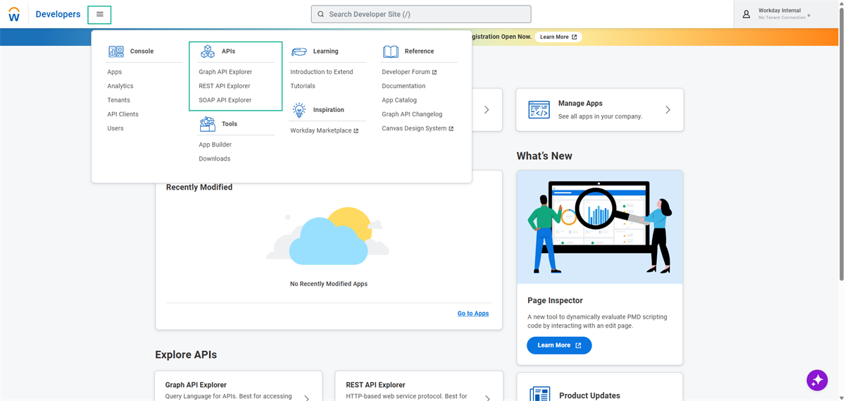 Workday Developers Home Page with the navigation and APIs highlighted.