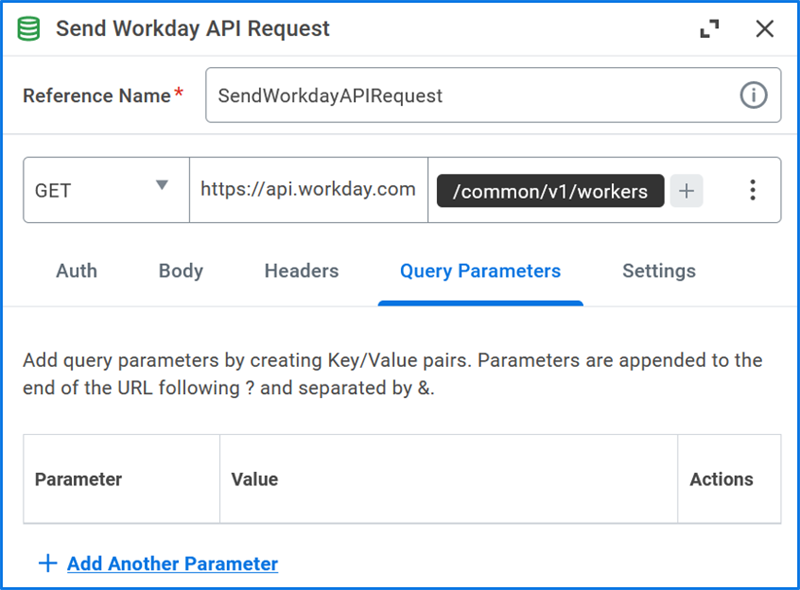 A user interface for configuring a Send Workday API Request, currently displaying the Query Parameters tab for a GET request.