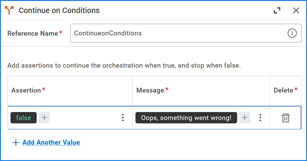 A configuration window for Continue on Conditions showing a table with an assertion set to false and an error message column.