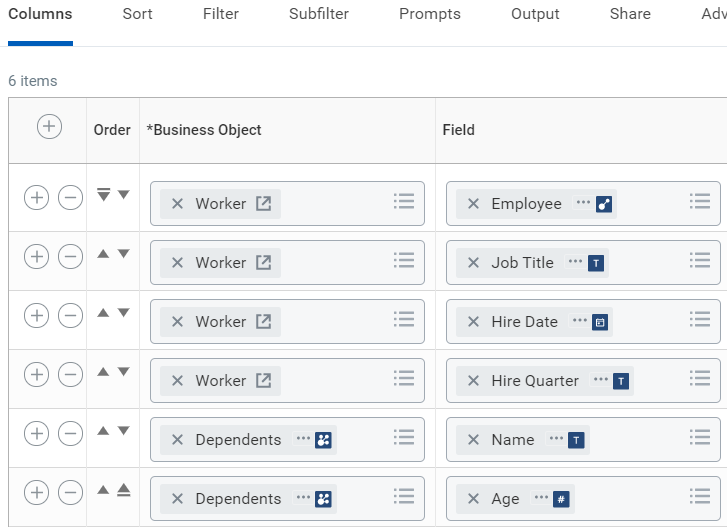 Screenshot of the Columns grid in a report definition. Columns include Business Object and Field. Rows are as follows:
Worker, Employee
Worker, Job Title
Worker, Hire Date
Worker, Hire Quarter
Dependents, Name
Dependents, Age