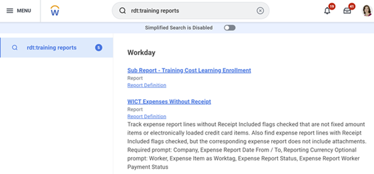 A screenshot of the search query "rdt:training reports," generating a list of matching results based on "rdt" search prefix.