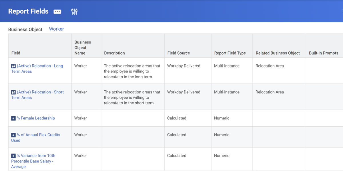 Report Fields report run for the business object of Worker.