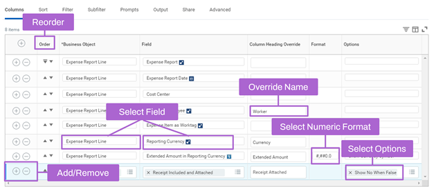 Screenshot of a grid on the, Columns, tab. Column modification options on the grid are explained below from left to right.