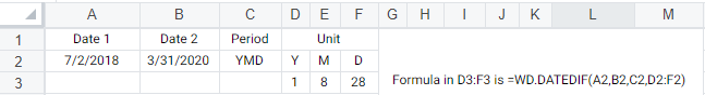 WD.DATEDIF example using range for Unit argument